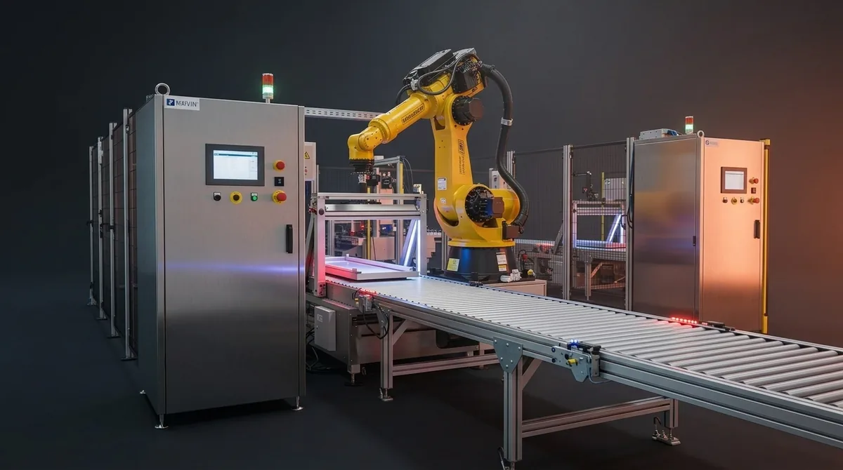 Endüstriyel otomasyon hattı — robotik kol, pano ve konveyör